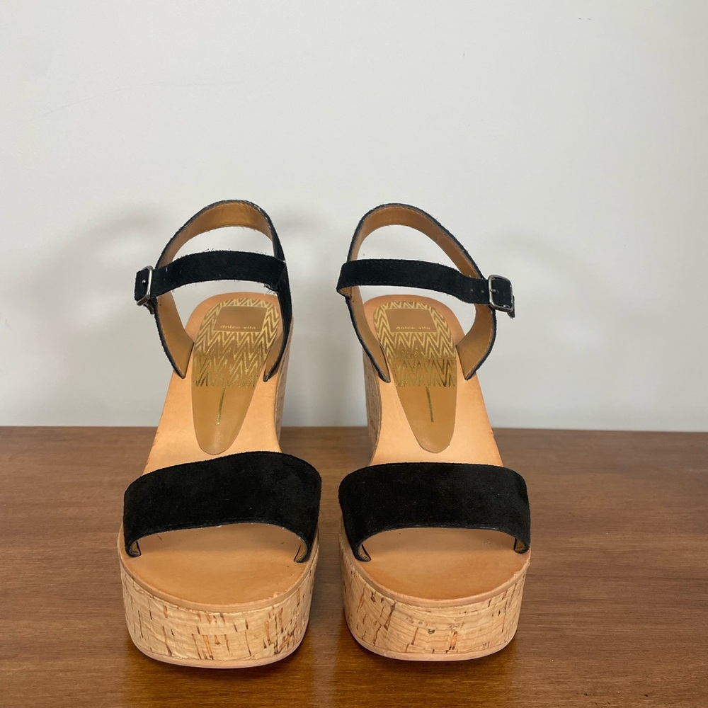 Dolce Vita Black Suede Wedge Sandals - Picture 1 of 8